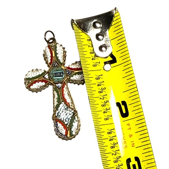 Vintage Italian Micro Mosaic Cross Pendant Roma Religious Enamel Jewelry - Picture 8 of 8
